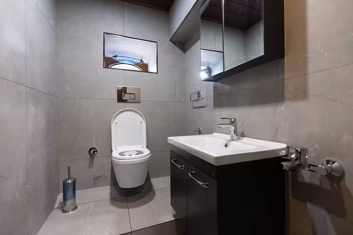 Modern yacht bathroom on private Istanbul Bosphorus cruise, clean WC and sink for onboard comfort