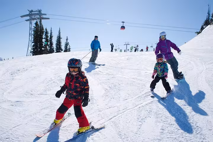 Family skiing at Uludag Mountain near Bursa with cable car above, Istanbul to Uludag tour with lunch