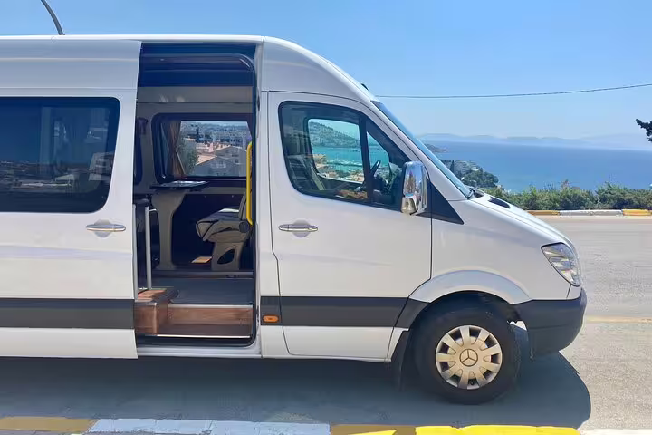 White Mercedes minibus with open door for Istanbul mini group shore excursion pickup from cruise port