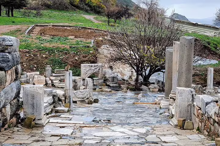 Ancient stone pathway and columns at Ephesus archaeological site visited on Istanbul to Ephesus private day tour