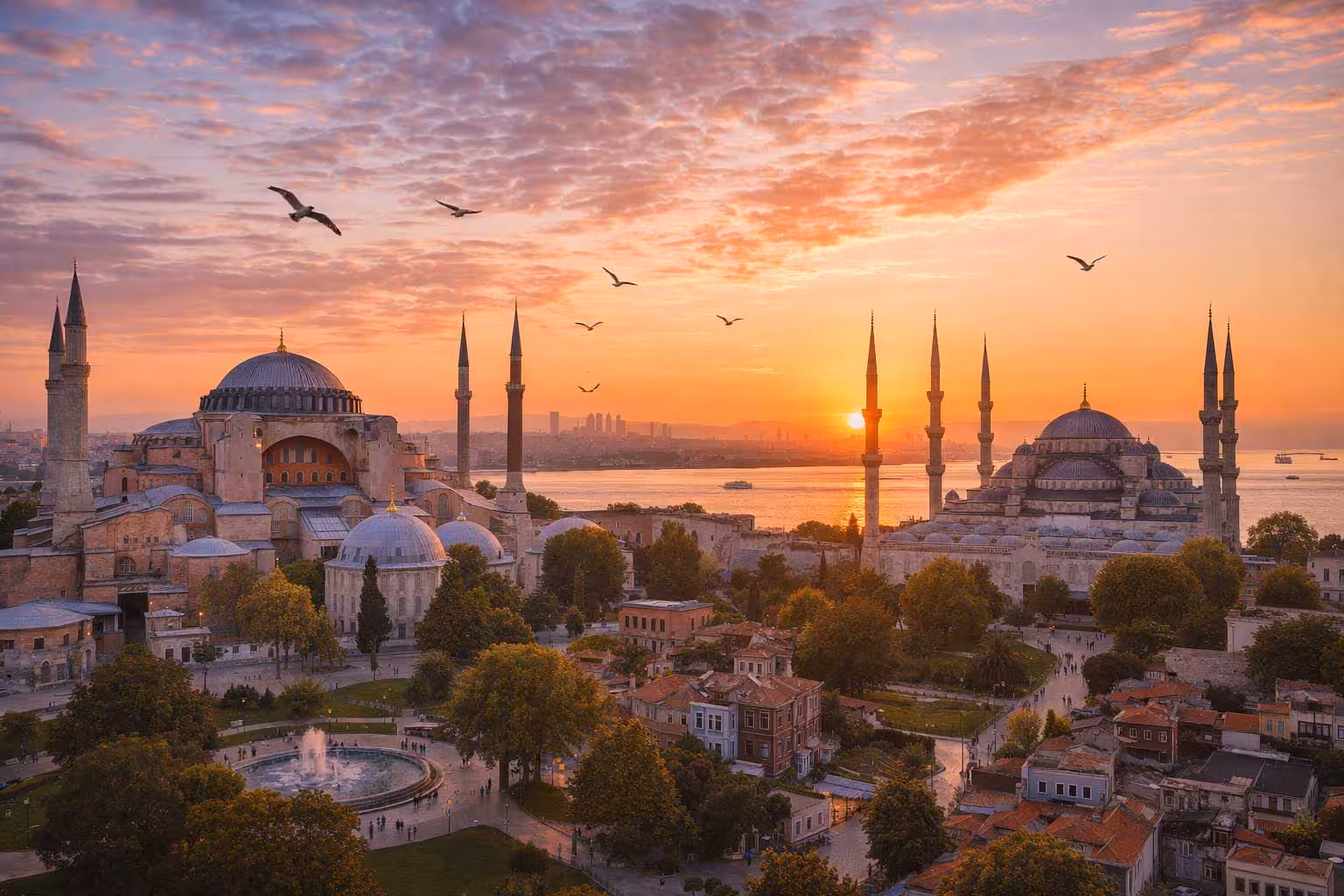 Sunset over Hagia Sophia and Sultanahmet Mosque in Istanbul, scenic start of the 9-day Turkey highlights tour