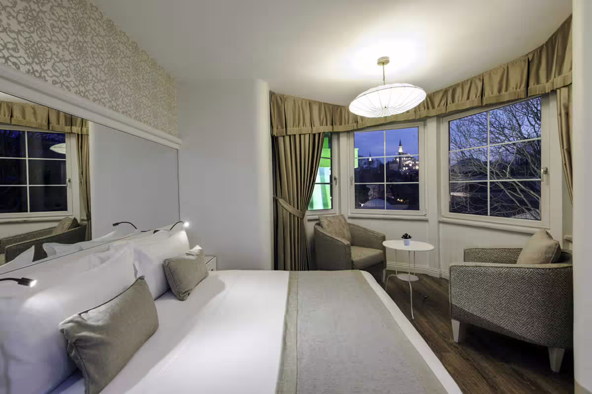Hotel room with panoramic Istanbul skyline view, included stay on Istanbul & Ephesus 5-day guided tour with flights