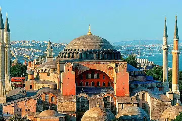 Marvel at the iconic Hagia Sophia's grand architecture and stunning minarets overlooking Istanbul on a private guided tour.