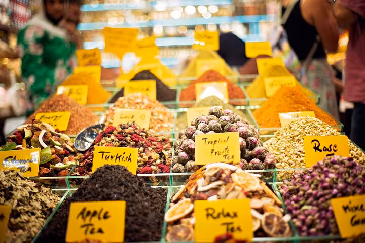 Spice Bazaar tea and spice stalls in Istanbul, a stop on an all-inclusive private guided city tour