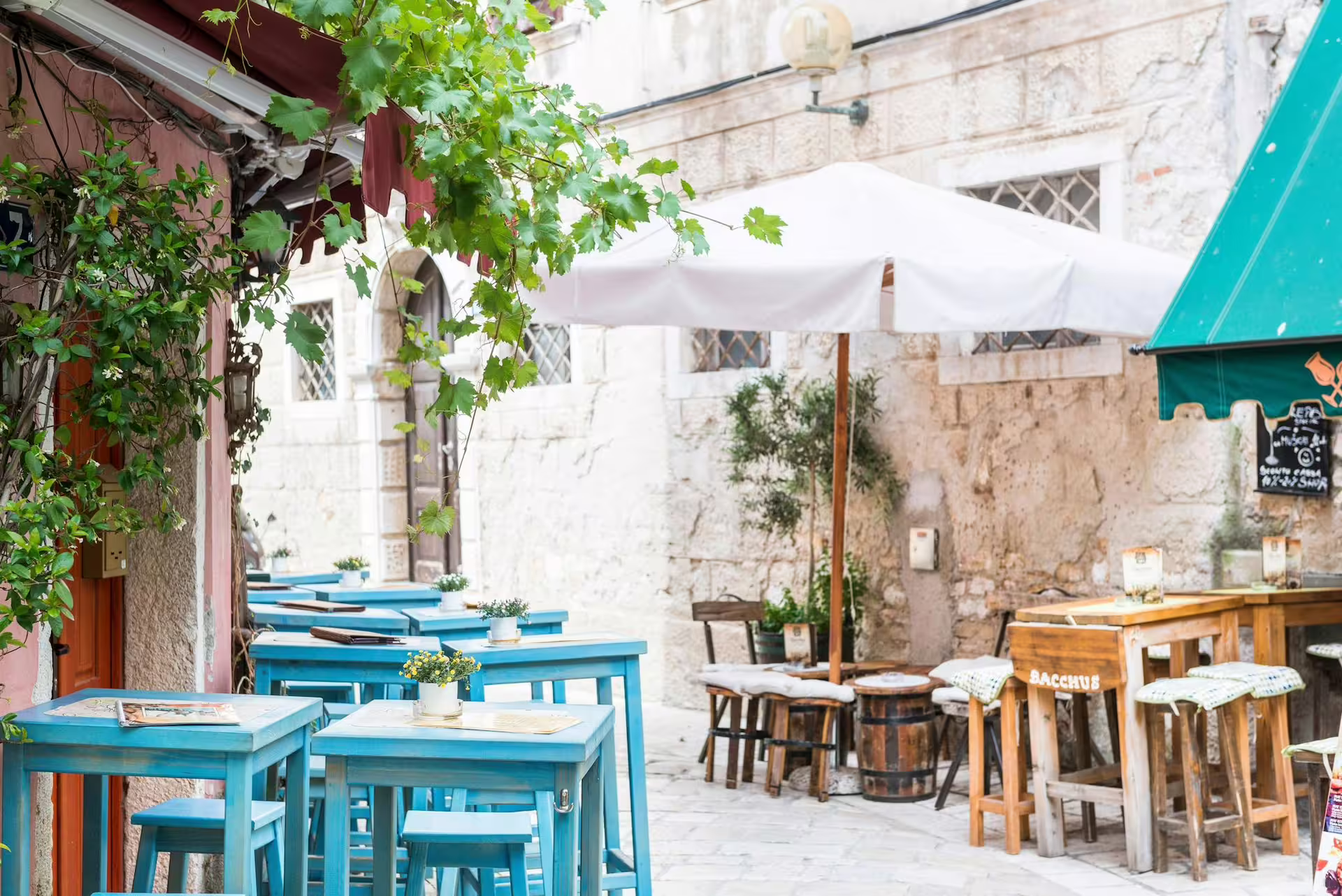 Charming Istrian old town café terrace near Rovinj, a relaxing stop on the Ancient Istria tour with lunch