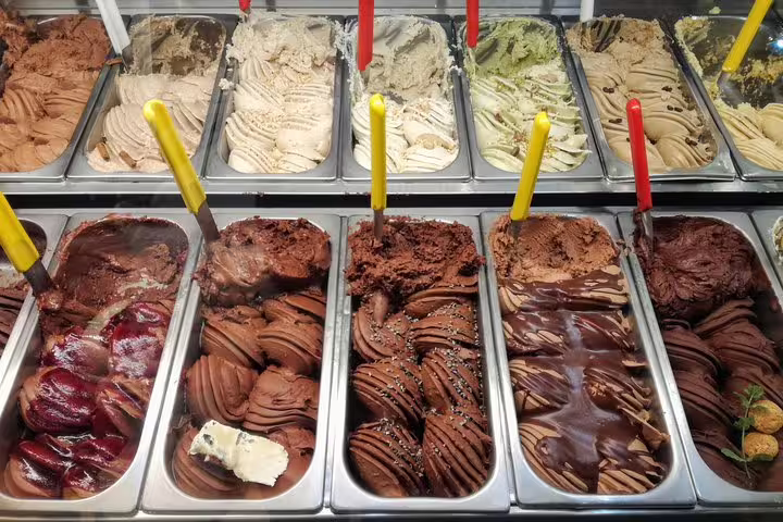 Colorful array of authentic Italian gelato flavors available on a Rome dessert tour near Campo de Fiori