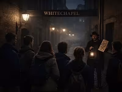 Tour guide with lantern leading group through foggy Whitechapel street at night in London