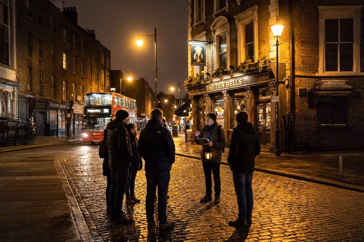 Tour guide with lantern leading group outside The Ten Bells pub on cobblestone street in Whitechapel at night