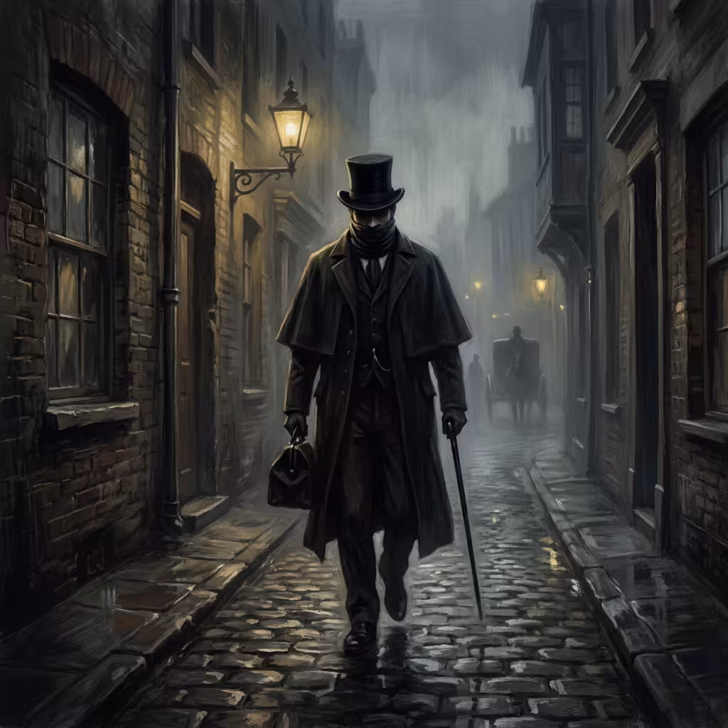 Cloaked figure in top hat carrying bag and cane walks foggy cobblestone Whitechapel alley at night
