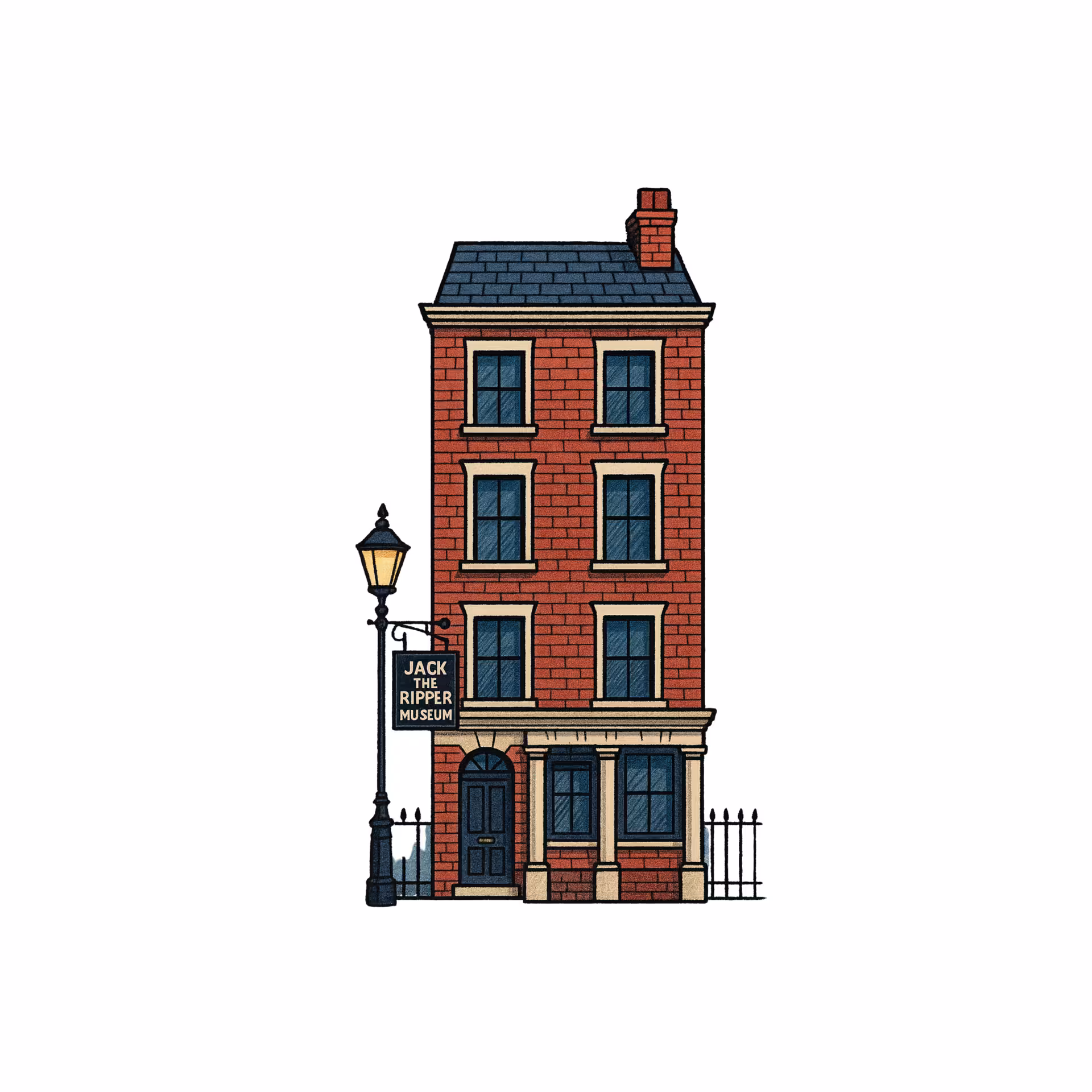 Illustrated Jack the Ripper Museum building in Whitechapel London with Victorian gas lamp and sign