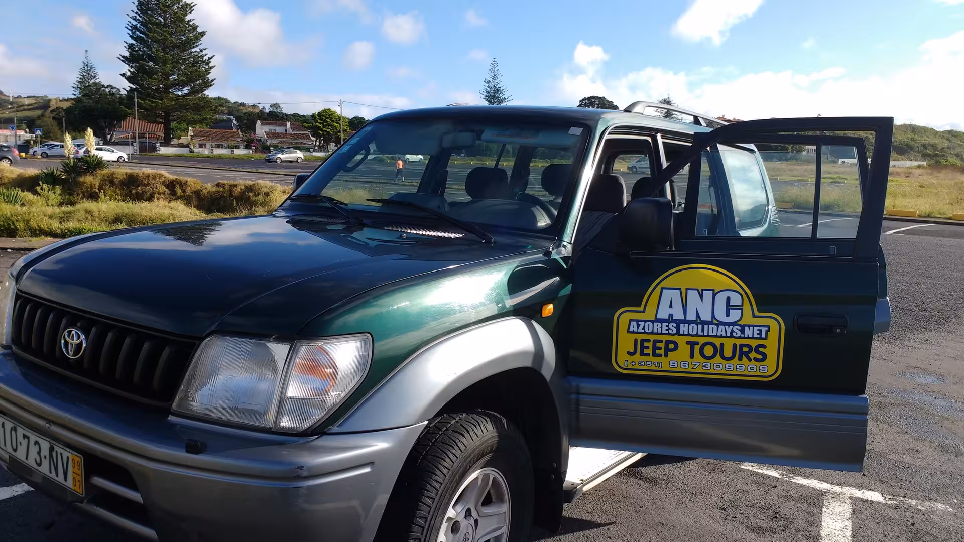 Green ANC Azores Holidays jeep parked ready for a full-day coast to coast off-road excursion tour with lunch included