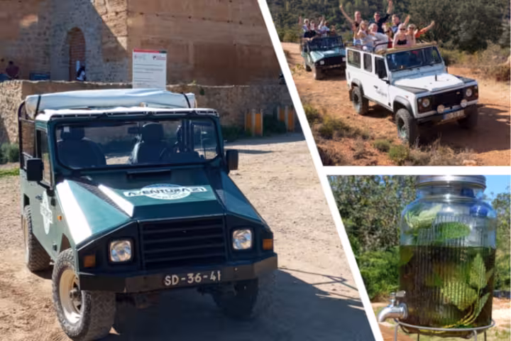 Collage of Jeep Safari countryside tour with 4x4 off-road jeeps, scenic dirt tracks, and local herb drink stop