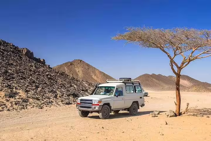 4x4 jeep safari in Marsa Alam desert with acacia tree and mountains, part of dinner and show tour