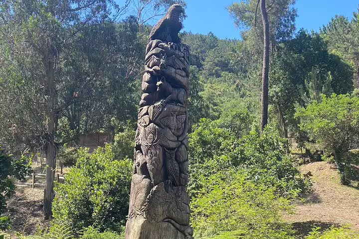 Intricately carved tree sculpture amidst lush greenery on Jeep Tour Sintra-Cascais route.