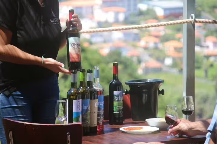 A wine tasting setup with various wine bottles and glasses on a table, offering scenic views during a jeep tour adventure.