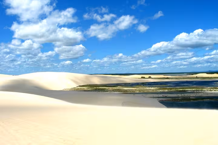Panoramic Jericoacoara dunes and lagoon landscape under blue sky, highlight of the 1-day Jeri tour