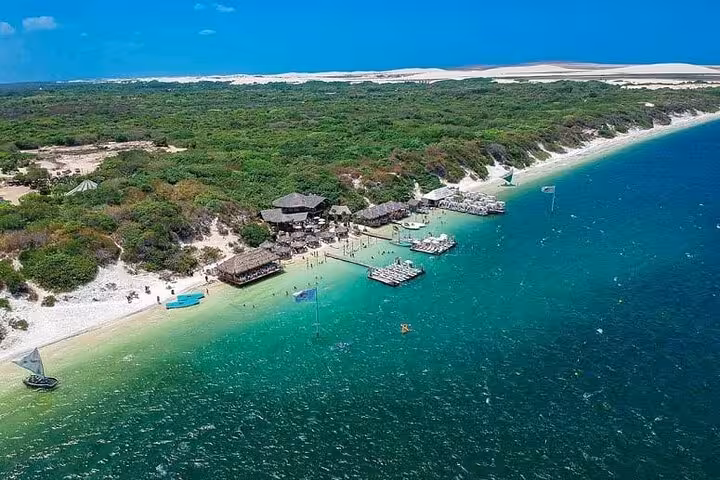 Aerial view of Lagoa do Paraíso beach and dunes, a highlight of the Jericoacoara East Coast tour