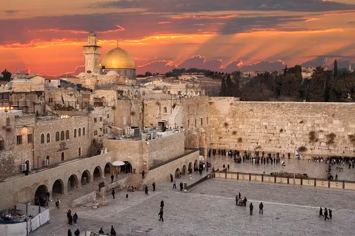 Jerusalem Old City sunset view of Western Wall plaza and Dome of the Rock on Egypt Jordan tour