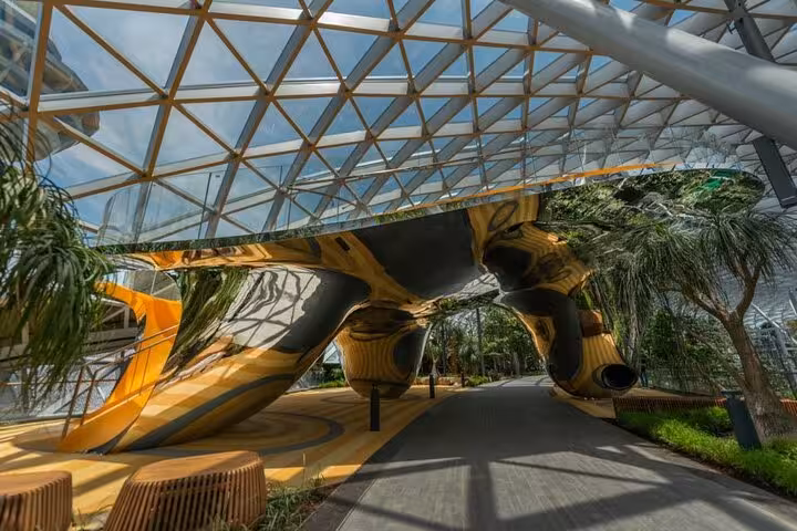 Canopy Park walkway under Jewel Changi Airport glass dome near Walking Net attraction, Singapore stopover