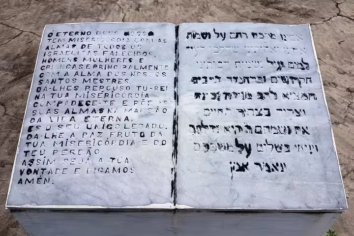 Hebrew and Portuguese memorial plaque at a Jewish cemetery stop on the Jewish tour in Manaus, Brazil