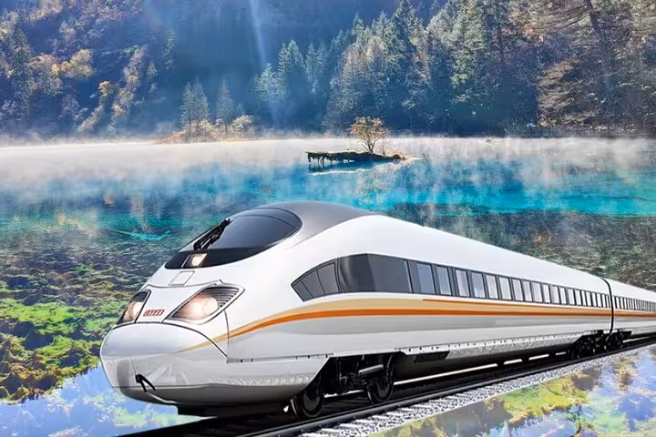 High-speed train journey to Jiuzhaigou with scenic lake and forest views, perfect for a three-day private tour adventure.