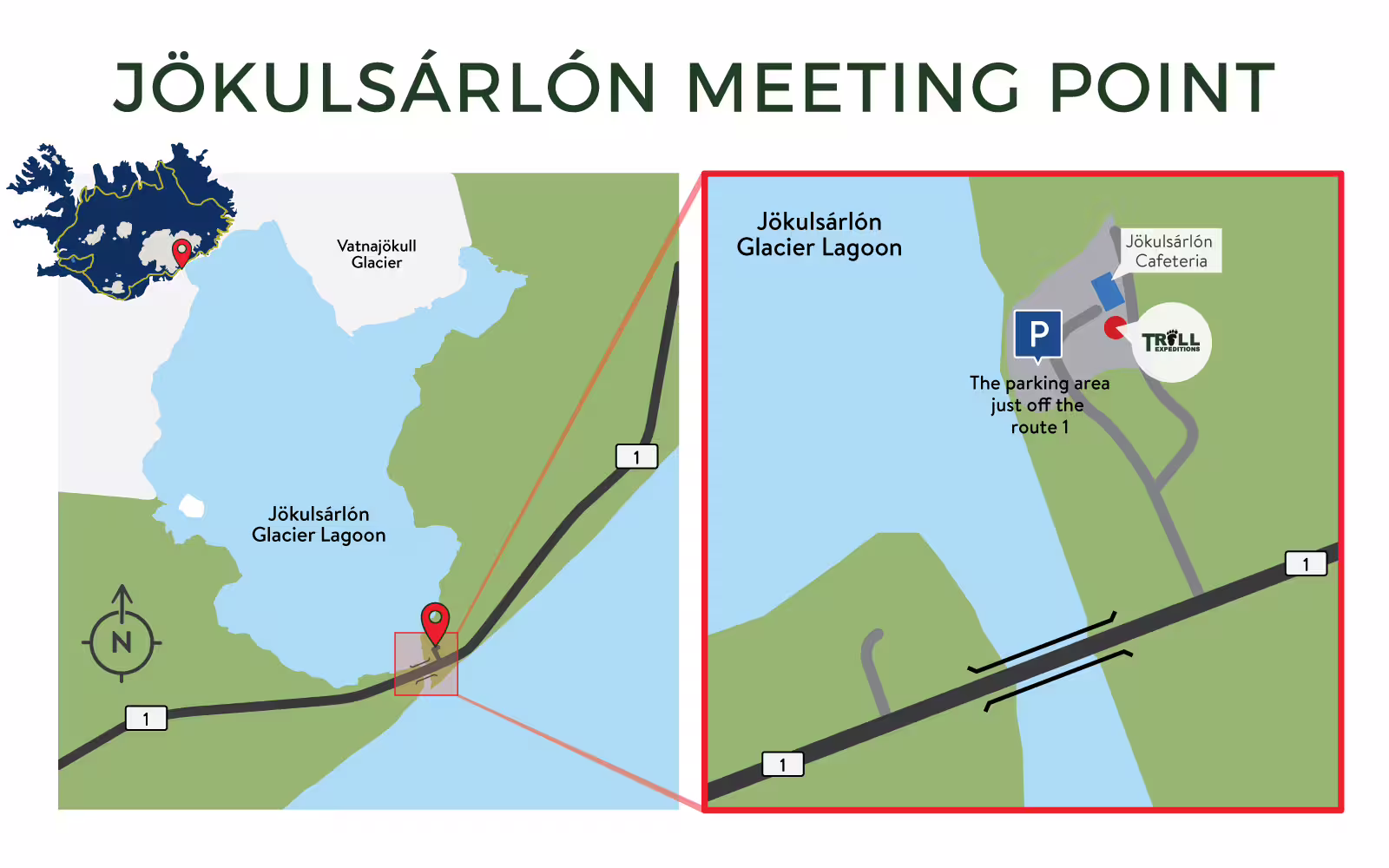 Meeting point map for Jökulsárlón Glacier Lagoon showing parking area and Troll Expeditions meeting spot off Route 1