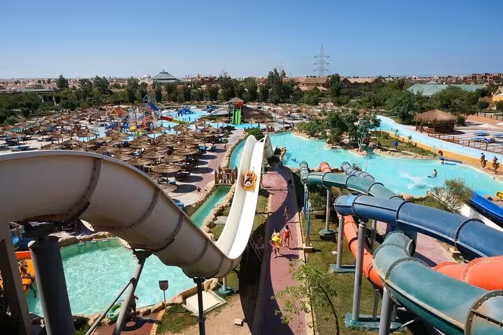 Aerial view of Jungle Aqua Park Hurghada pools and tube slides, family day trip with lunch and transfers