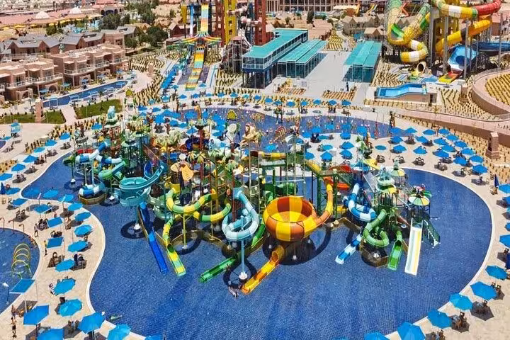 Aerial view of Jungle Aqua Park Hurghada with kids splash zone, slides, pools, lunch and hotel transfer