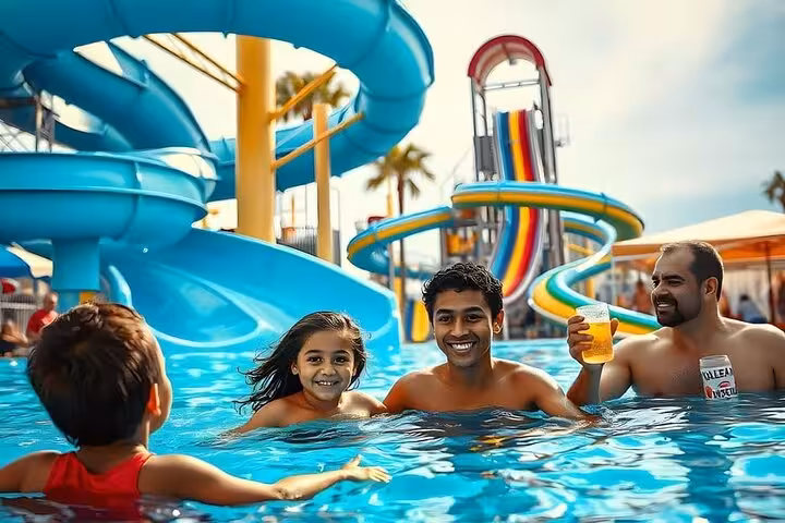 Family enjoying wave pool and blue water slides at Jungle Aqua Park Hurghada with lunch and transfer