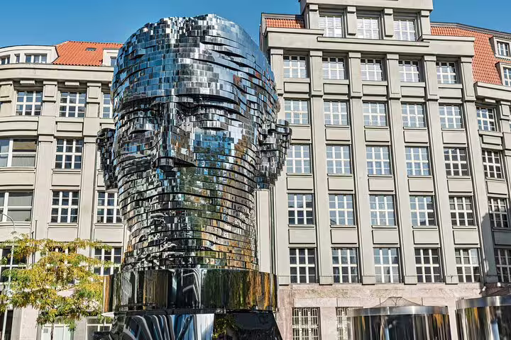 Giant rotating metallic Kafka head sculpture outside a building in Prague city center