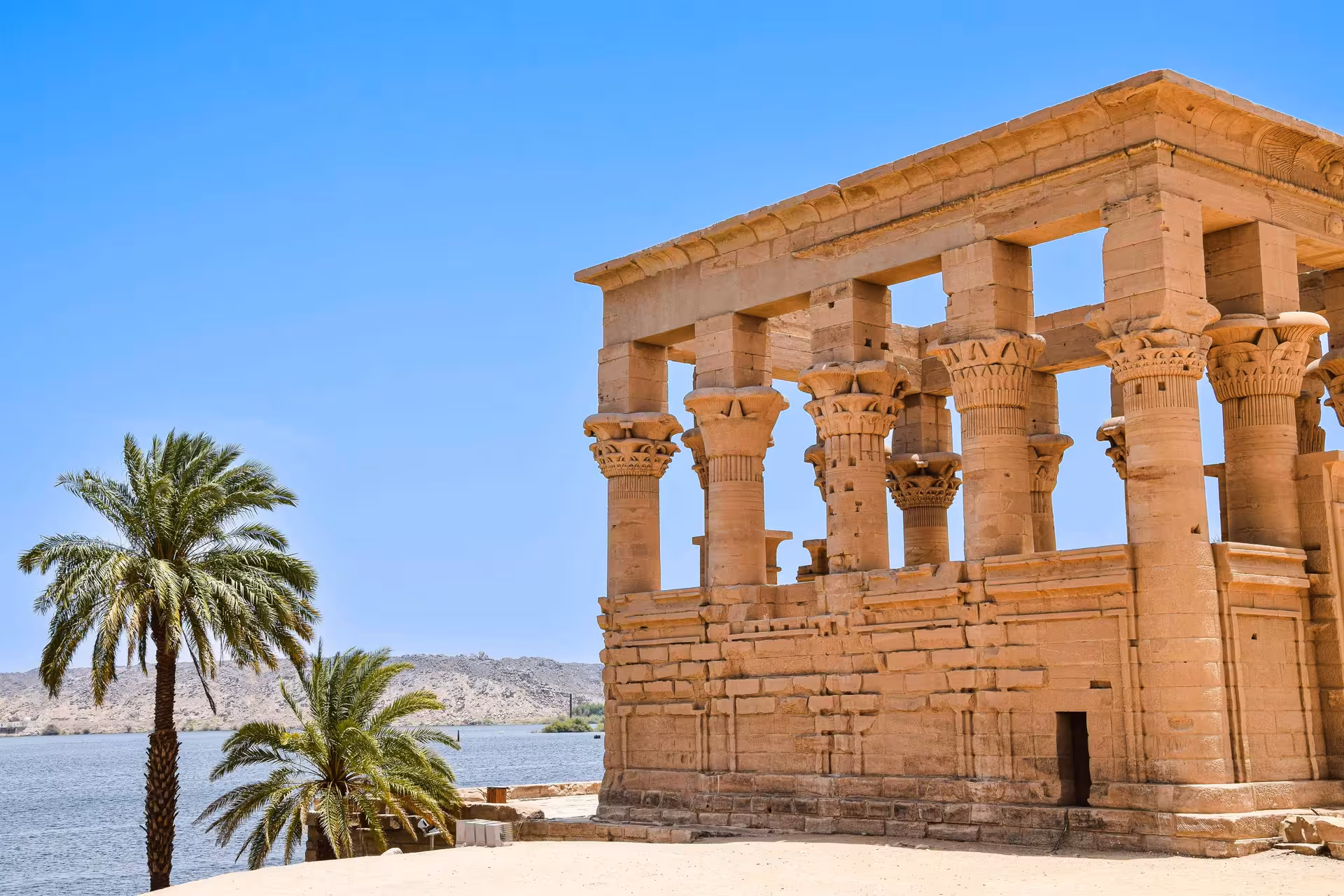 Ancient Kiosk of Trajan columns at Philae Temple complex on Agilkia Island near Aswan, Egypt