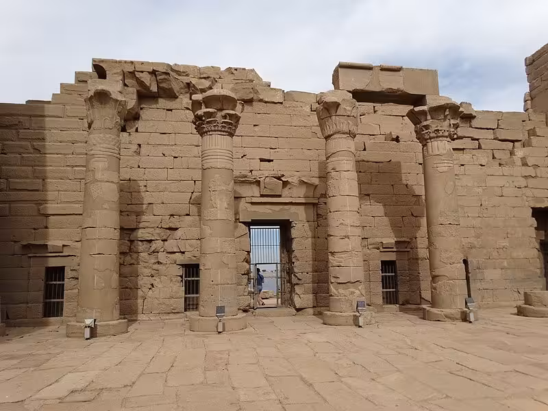 Ancient stone columns and entrance gateway of Kalabsha Temple near Aswan, Egypt