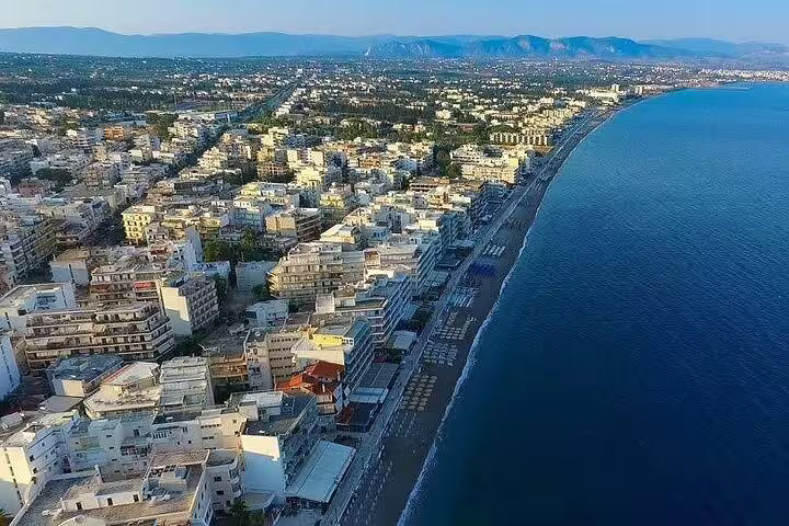 Aerial view of Kalamata seaside promenade and beach in Messinia, featured on the 2-day Peloponnese tour