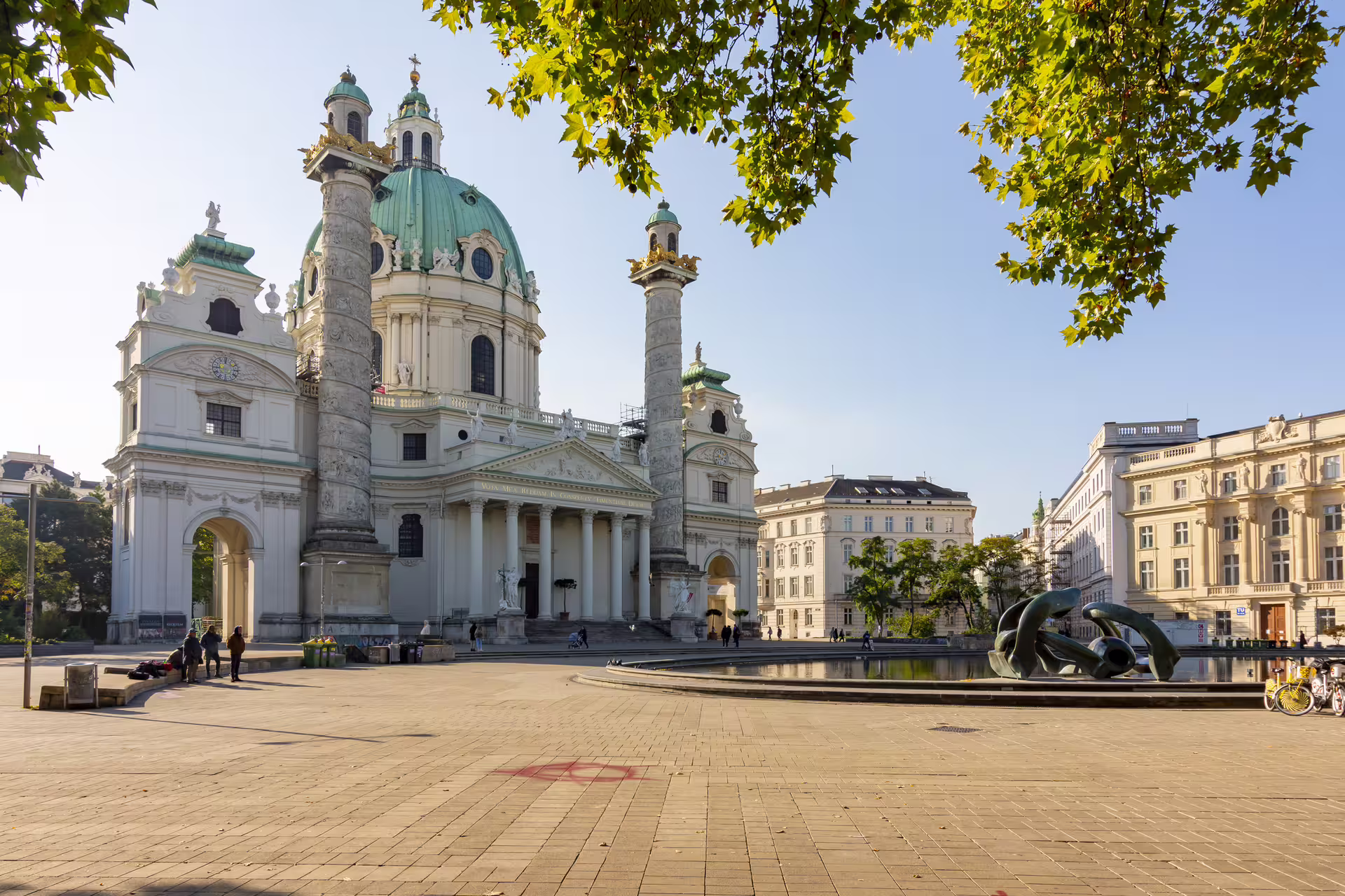 Karlskirche Vienna and Karlsplatz fountain, scenic stop on 1-day cultural heritage walking tour audioguide