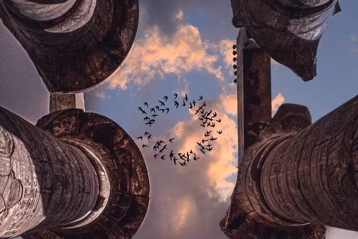 Looking up between Karnak Temple columns in Luxor with birds overhead, on 8-day Egypt tour Cairo Aswan Abu Simbel