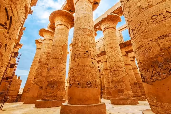 Karnak Temple towering columns and carvings in Luxor, full-day shore excursion from Safaga Port Egypt