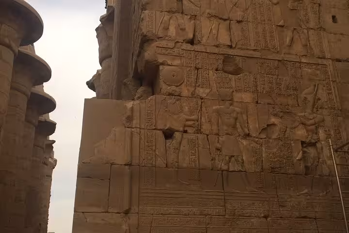 Karnak Temple wall reliefs and hieroglyphs in Luxor on a private day trip from Hurghada, Egypt