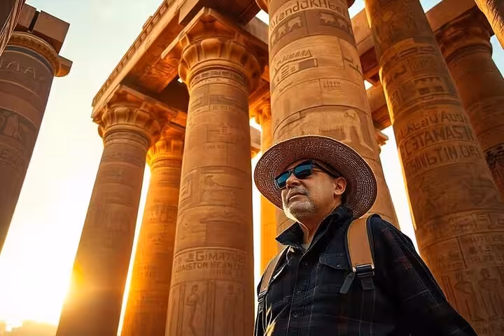 Traveler at Karnak Temple columns in Luxor on Sharm El Sheikh day trip by plane, Egypt guided tour