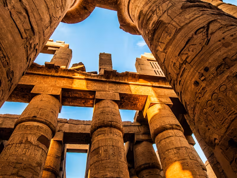 Karnak Temple columns in Luxor seen from below, a highlight stop on the 5-star Nile Jewel cruise