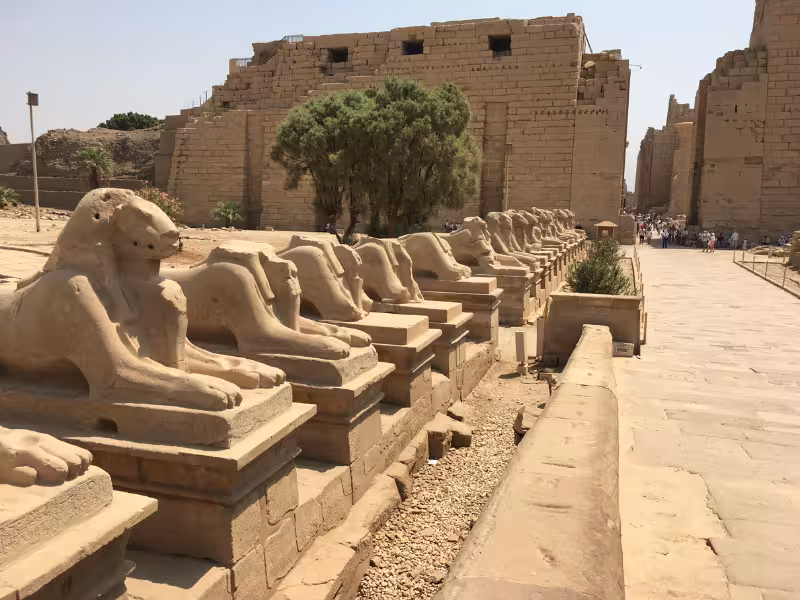 Avenue of ram-headed sphinxes at Karnak Temple, Luxor, on Wonders of the Pharaohs guided tour