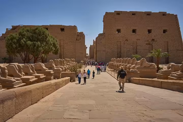 Karnak Temple avenue of sphinxes in Luxor on a full-day excursion from Hurghada, Makadi Bay and Sahl Hasheesh