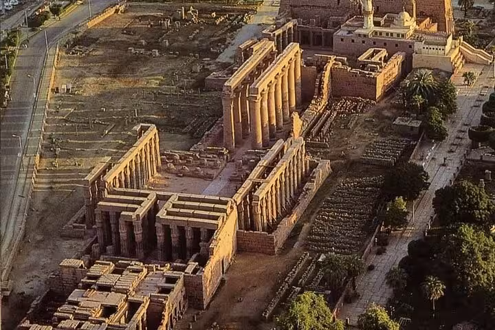 Aerial view of Karnak Temple at sunrise from VIP Luxor hot air balloon tour with pickup from all hotels