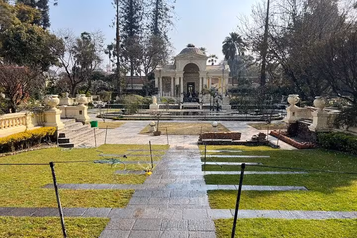 Elegant garden pathway leading to a neoclassical pavilion near Kathmandu Durbar Square on a self-guided GPS walking tour
