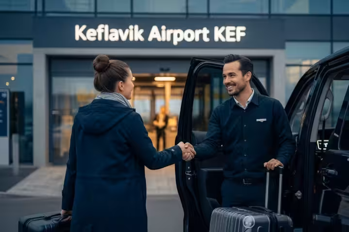 IceTransfer driver meeting traveler at Keflavik Airport for private taxi transfer.
