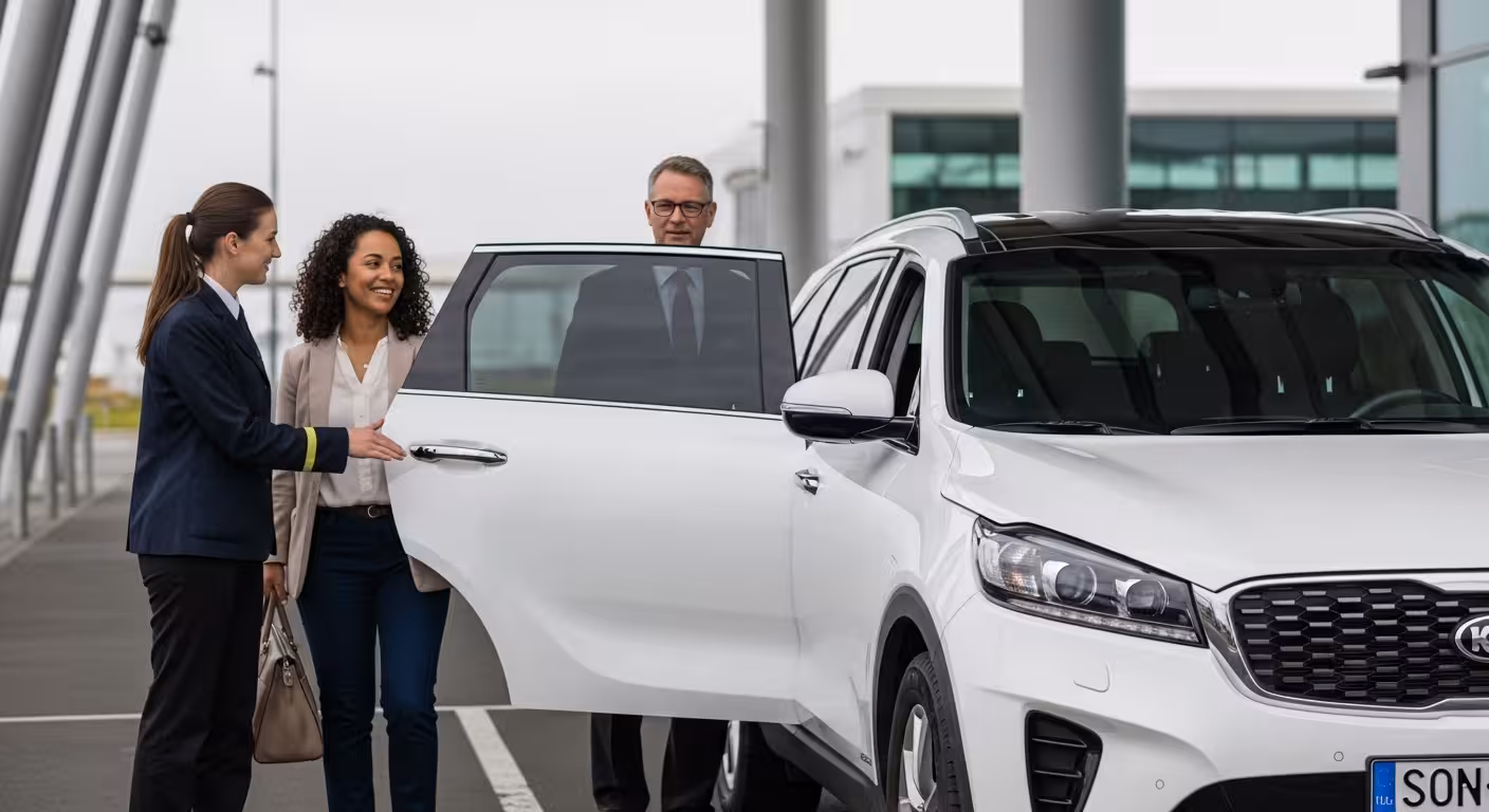 Professional drivers providing a meet and greet service for a traveler at the airport, preparing to board a white SUV for a private taxi.