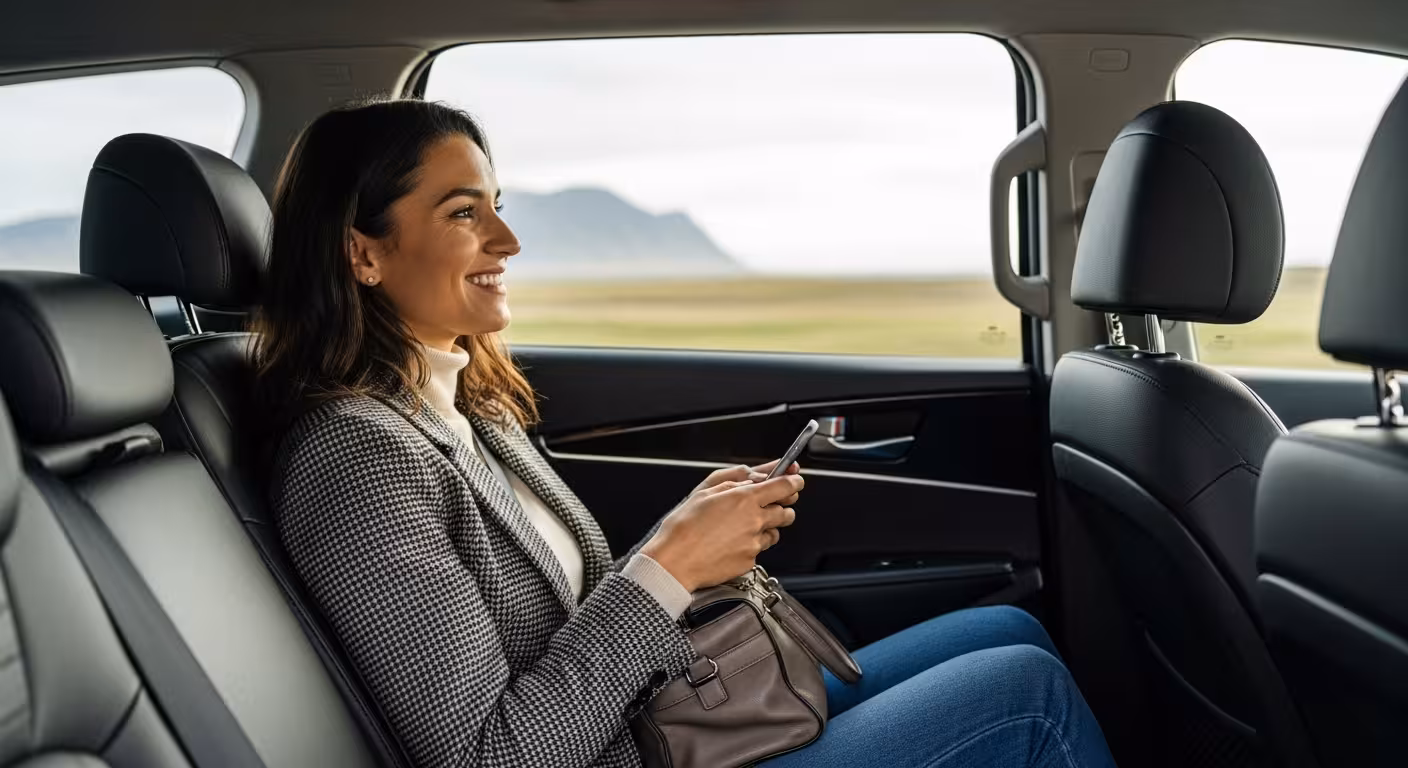 A woman smiling and enjoying a comfortable ride in the back seat of a private taxi, with Icelandic scenery visible outside the window.