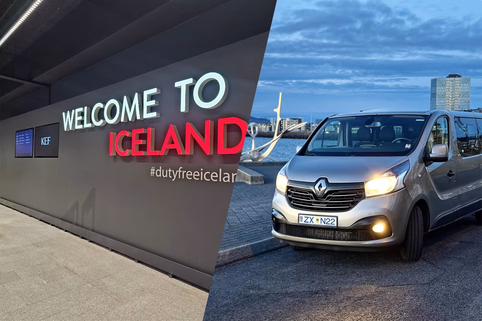Welcome to Iceland sign at KEF airport and silver Renault minivan in Reykjavik city
