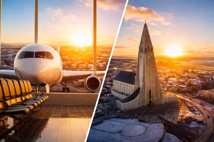Airplane at airport terminal at sunset beside aerial view of Hallgrimskirkja church in Reykjavik Iceland