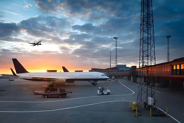 Commercial airplane parked at Keflavik Airport gate during sunset with aircraft taking off in background