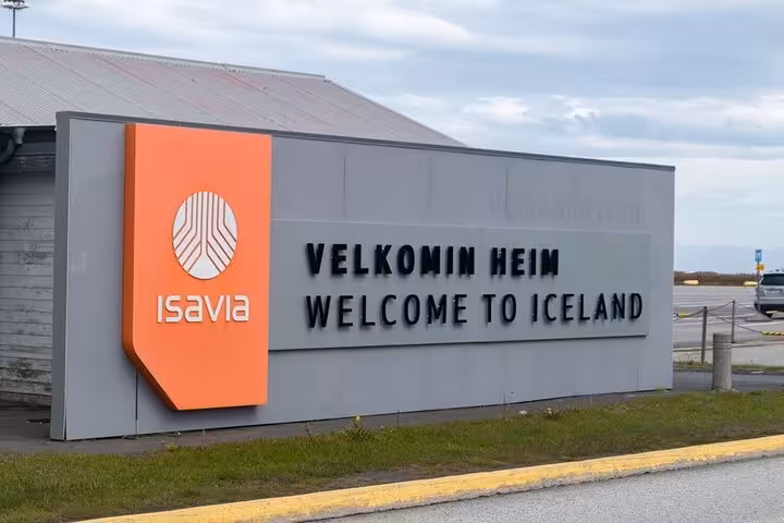 Isavia Welcome to Iceland sign at Keflavik Airport entrance in Iceland